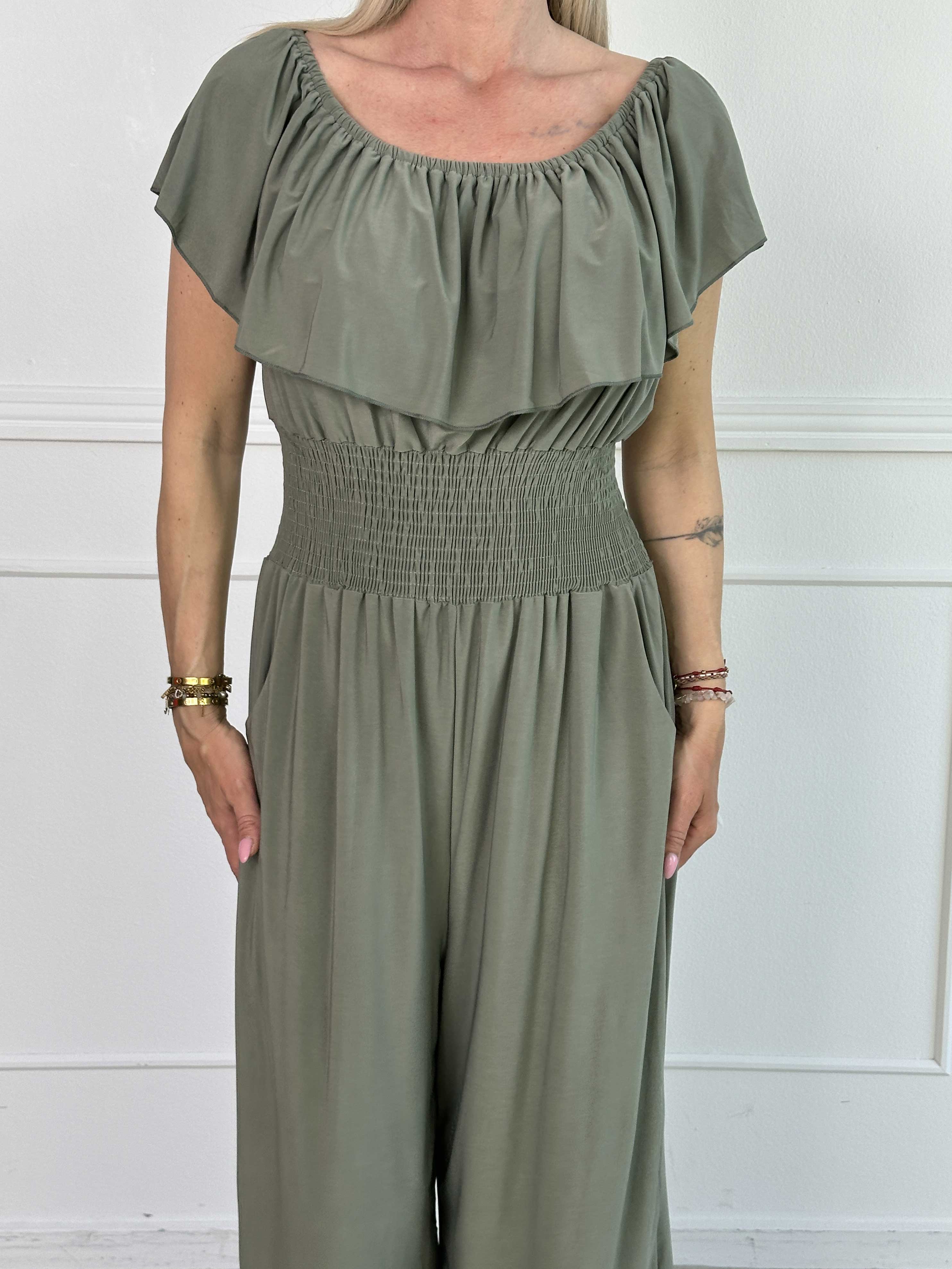 Pams Plain Frill Jumpsuit - Elastisk buksedragt med smock og flæse